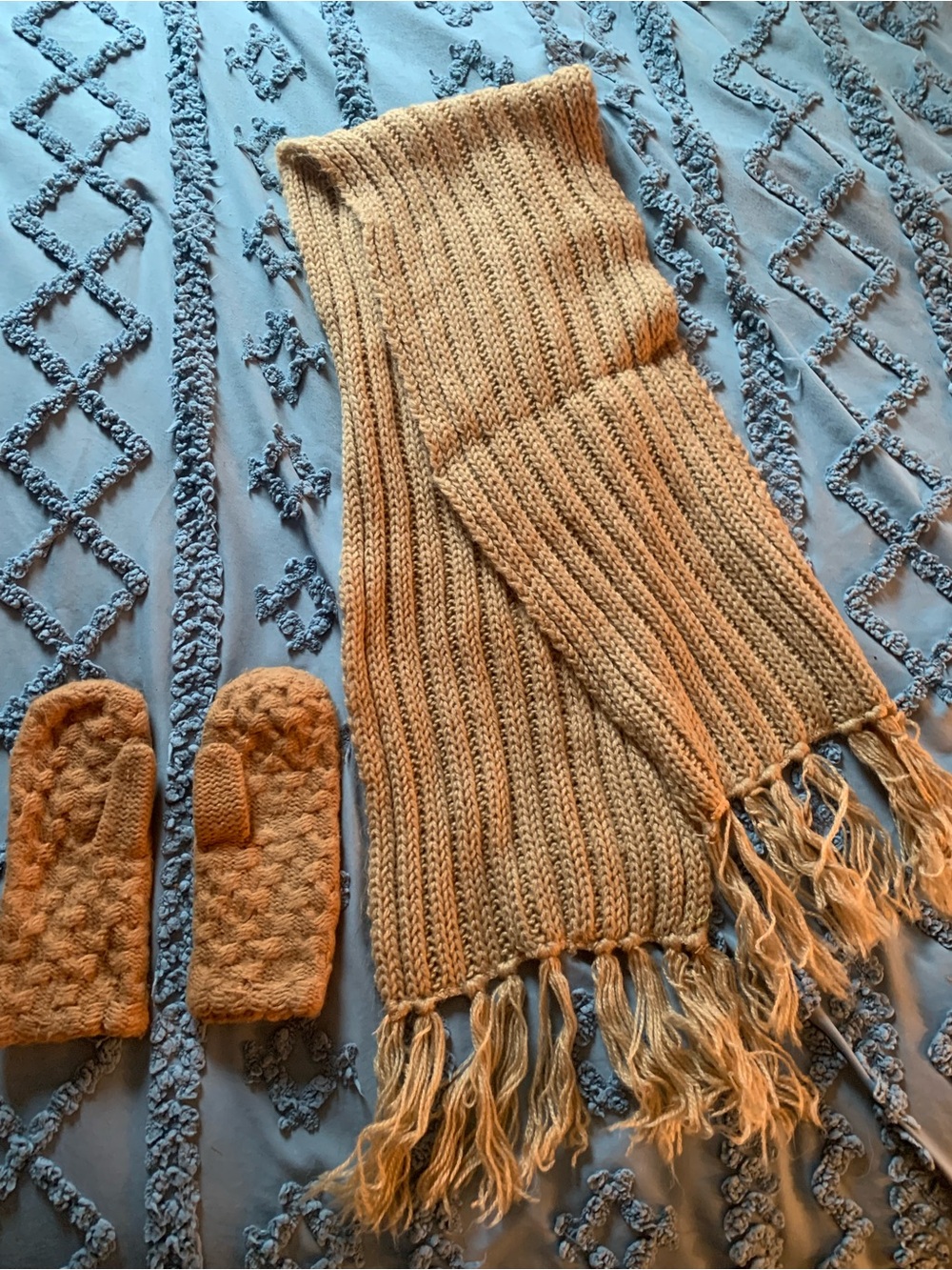 Vintage 70s Hand-Knit Matching Winter Set - Tan Ribbed Scarf w/ Fringe & Mittens